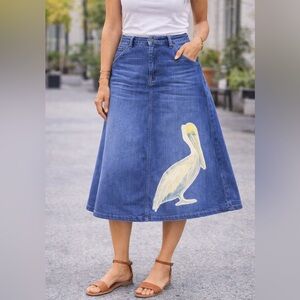 Cello Blue Denim A-Line Swing Skirt – Pelican Appliqué 🐦 | Size Large
